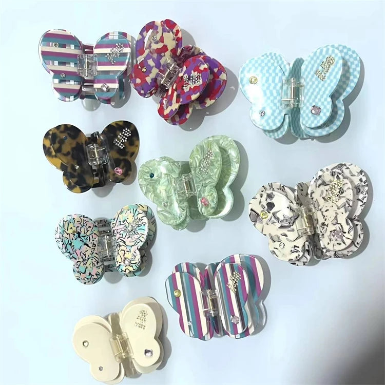 INS Style High End Butterfly Hair Claws for Girls Double Layer Acetate Hair Clips Rhinestone Hairgrips Clamp
