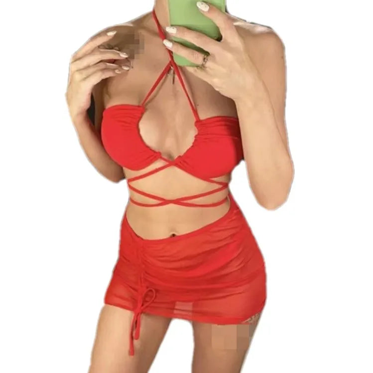 6 Colors Women's 3 Piece Swimsuit Cross Halter Bikini Set Bathing Suit and Drawstring Beach Skirt