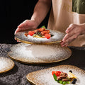 Simple Golden Frosted Western Eco-Friendly Customizable Ceramic Flat Plate for Hotel Restaurant Steak Cooking Stone Pattern
