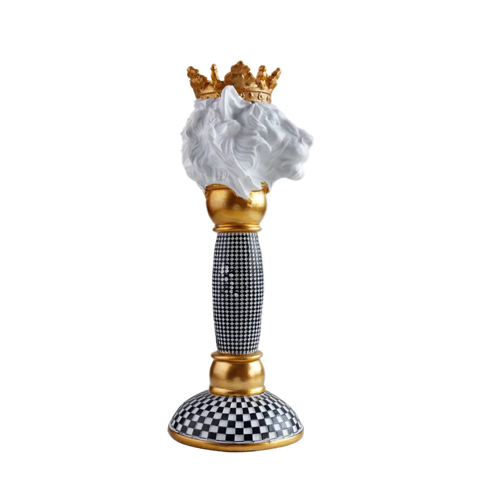 Royal White Lion Resin Candlestick with Golden Crown Black White Diamond Checkered Base Luxury European Style Gold Decor