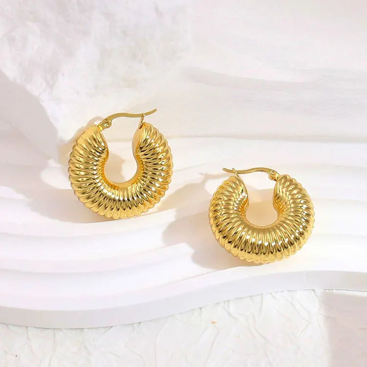 Trendy Geometric Chunky Hoop Earrings Hypoallergenic Stainless Steel Bold Thick Thread Texture Statement Earrings for Women