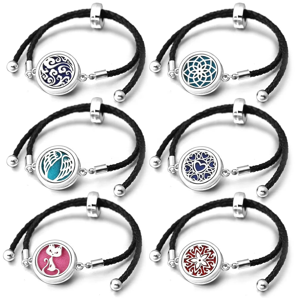 2023 Fashion Stainless Steel Silver Adjustable Bangle Braided Leather Buckle Bracelet Aromatherapy Bracelets for Women