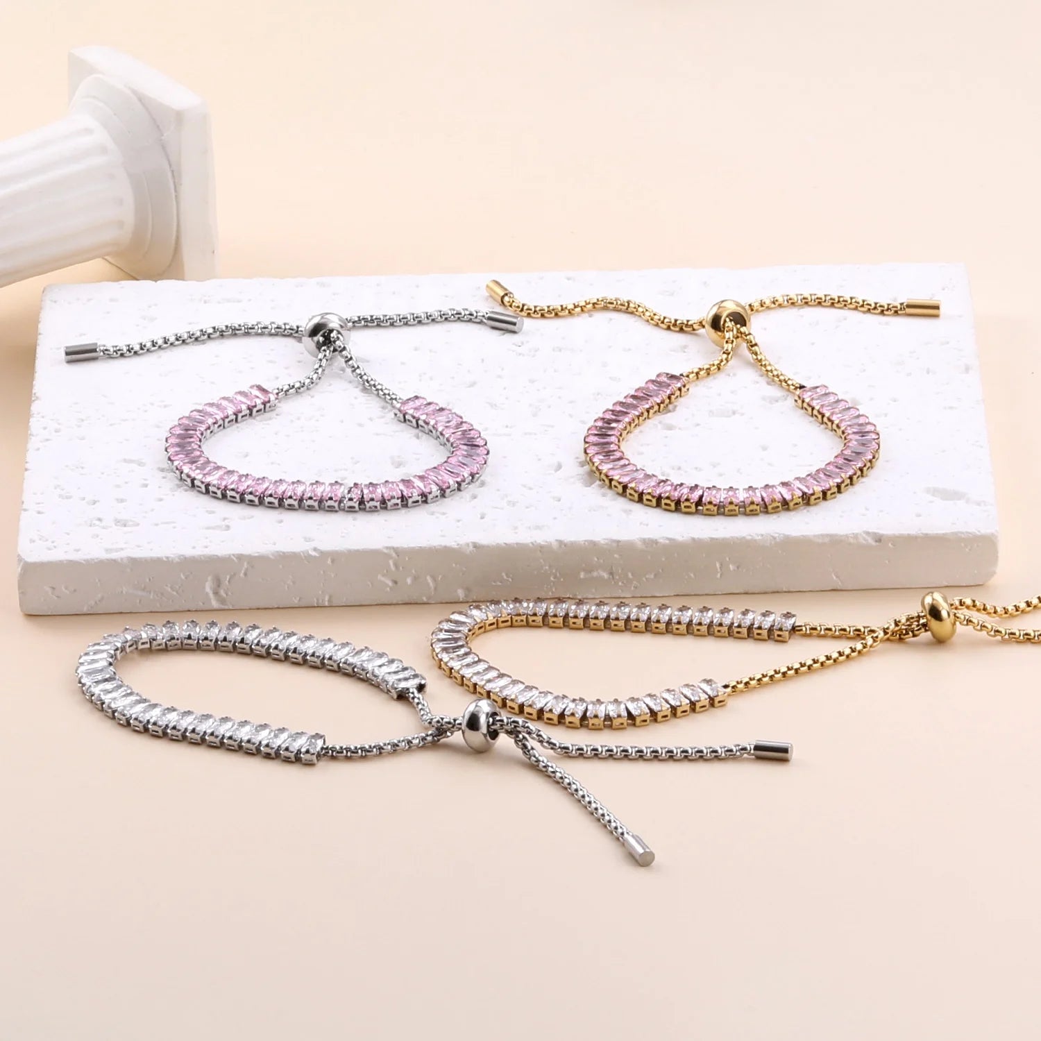Women Fashion Jewelry Custom PVD 18K Gold Box Chain Bracelet Rectangle 6mm CZ Cubic Zirconia Diamond Adjustable Tennis Bracelets