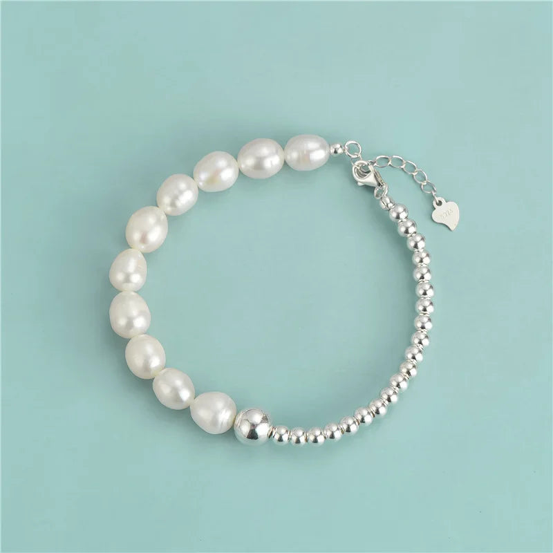 Vintage Ins Style 925 Sterling Silver Pearl Sterling Silver Round Beads Patchwork Bracelet Daily Beaded Bracelet Wholesale
