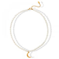 Fashion Stainless Steel Jewelry Women Gold Plated Moon Pendant Natural Real Fresh Water Pearl Necklace