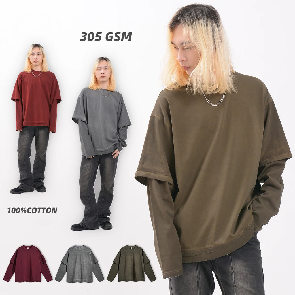 Streetwear Custom Screen Printing Washed  Worn Out  Long Sleeve Double Layer T Shirt Men  Alike Two Piece Tshirt Hip Hop T-shirt
