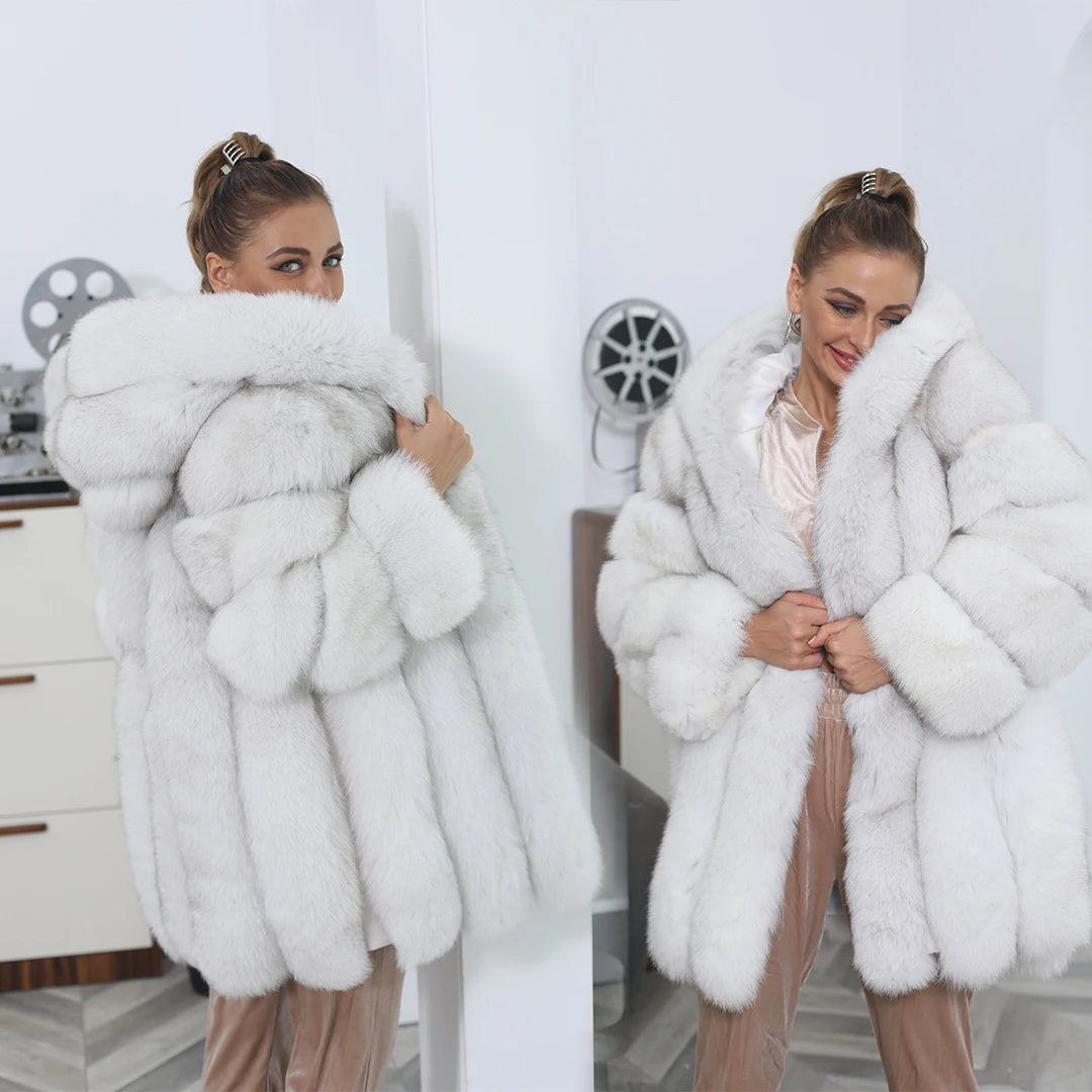 Classic Design European Hooded Fashion Real Fox Fur Long Coat