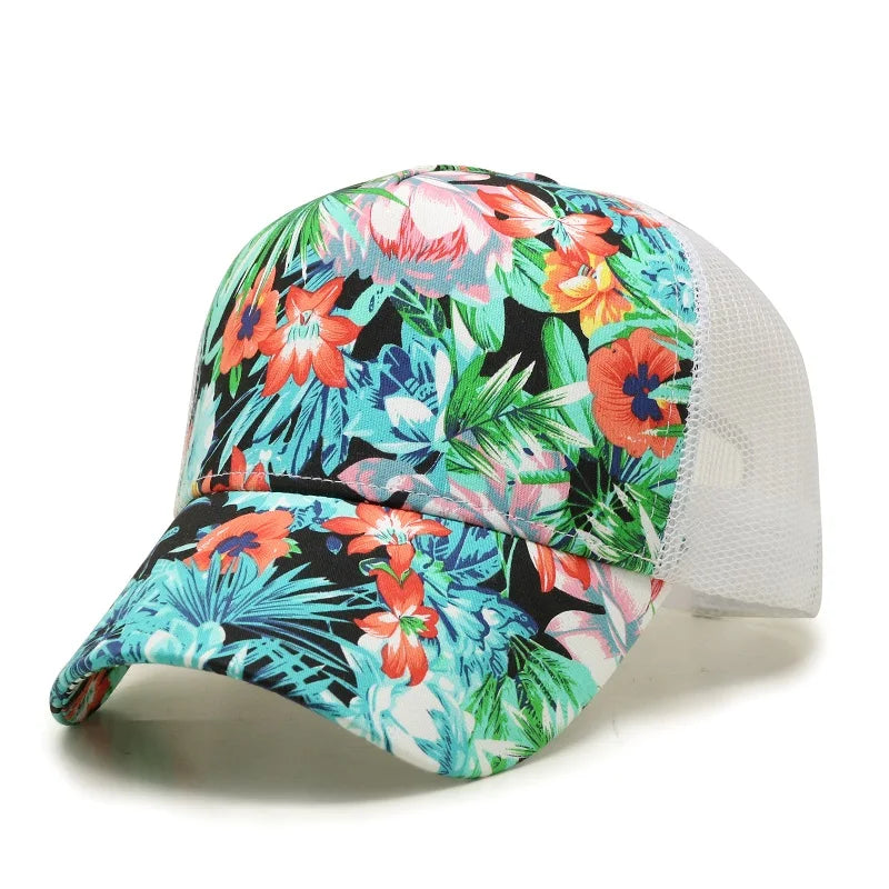 Factory Price Custom Summer Cool Women Print Fashion Hats Hawaiian Floral Trucker Cap
