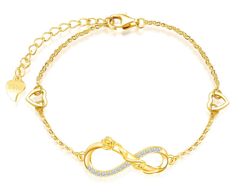 Women CZ Hollow Heart Wrapped Infinity Symbol Flower Rose Bracelet 925 Sterling Silver Jewelry