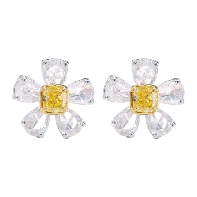 RUYI Daisy Flower Earring 18k Gold 0.3ctw Yellow Cushion 0.8ctw Pear Rose Cut Diamond Women Girl Lady Earrings