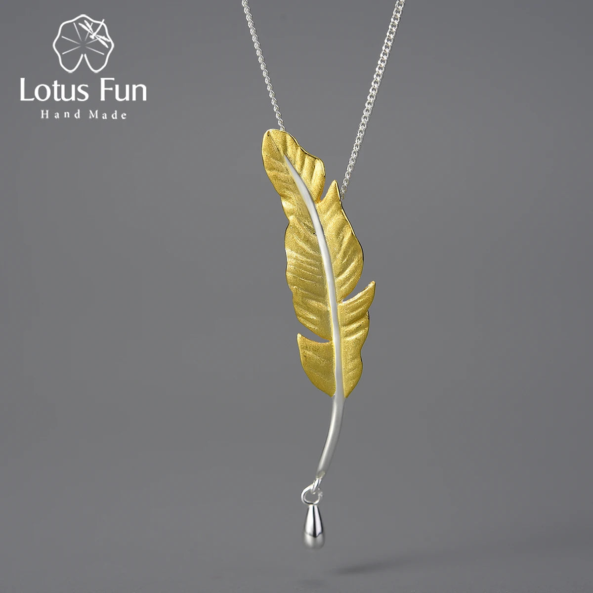 Lotus Fun Handmade 925 Sterling Sliver 18K Gold Plated Exquisite Long Goose Feather Shape Pendant Necklace Women Fine Jewelry