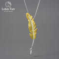 Lotus Fun Handmade 925 Sterling Sliver 18K Gold Plated Exquisite Long Goose Feather Shape Pendant Necklace Women Fine Jewelry