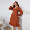 2023 Women's Plus Size Dress Fashion Solid Color Waist Belt V Neck Ruffle Lace up Dress