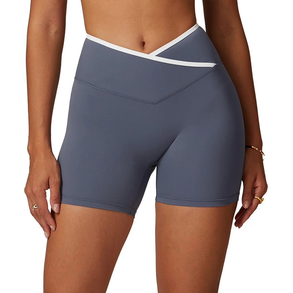 Womens Athletic Running Clothes No Front Seam Cross V Waistband Gym Fitness Workout Shorts Colour Blocking Yoga Shorts