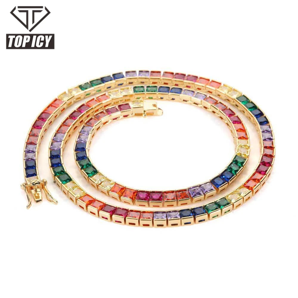Top Icy Hip Hop Jewelry Multicolor Tennis Bracelet and Necklace Colorful CZ Chain Set 18K Gold Plated for Men and Women