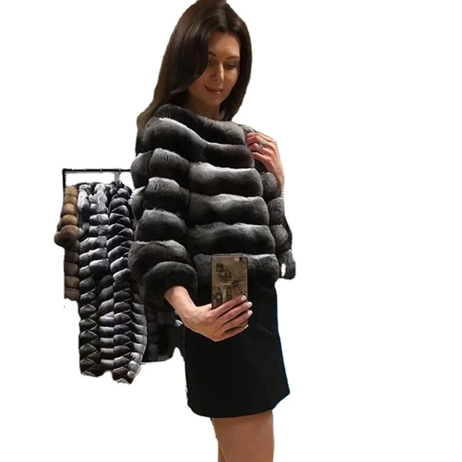 Women's Winter Rex Chinchilla Fur Coat High-Level Waterproof Long Overcoat with Color Dye Warm Parkas Outerwear