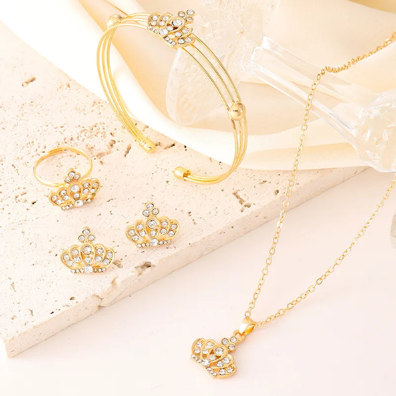 Fashion Retro Crown Earrings Necklace Bracelet Ring Set Temperament Niche High-grade Sense of Four-piece Jewelry
