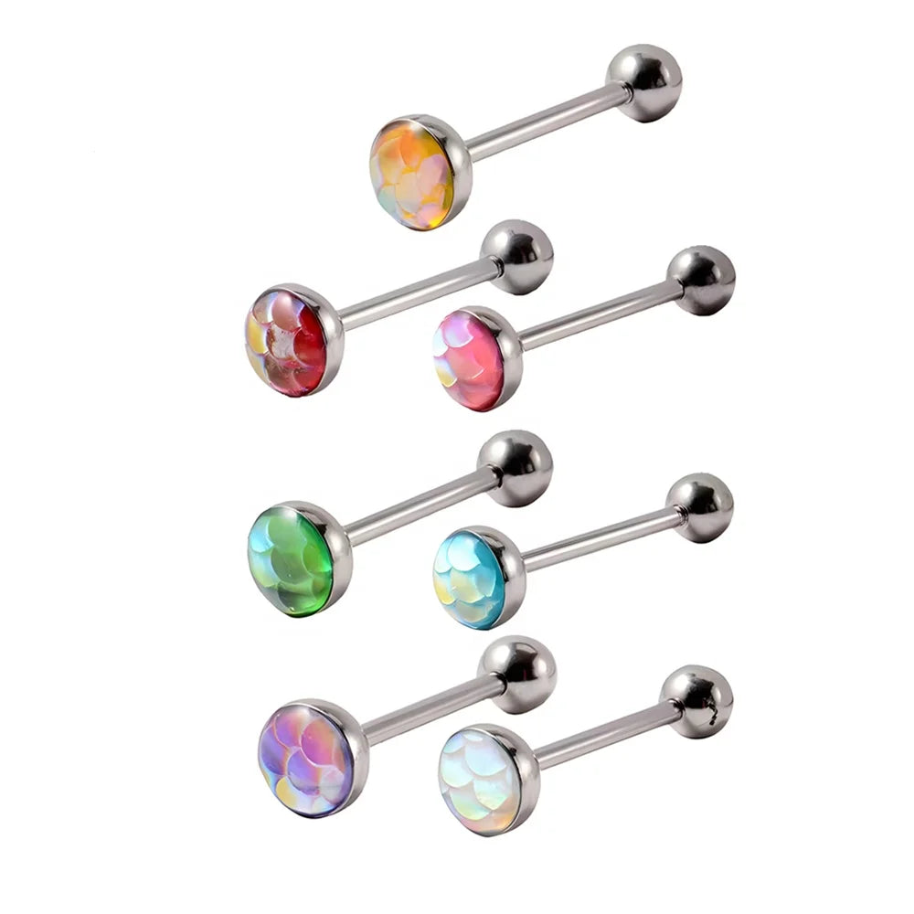 Hot Sale Stainless Steel Body Jewelry Straight Barbell Fishscale Tongue Stud Magic Color Squama Tongue Piercing Ring