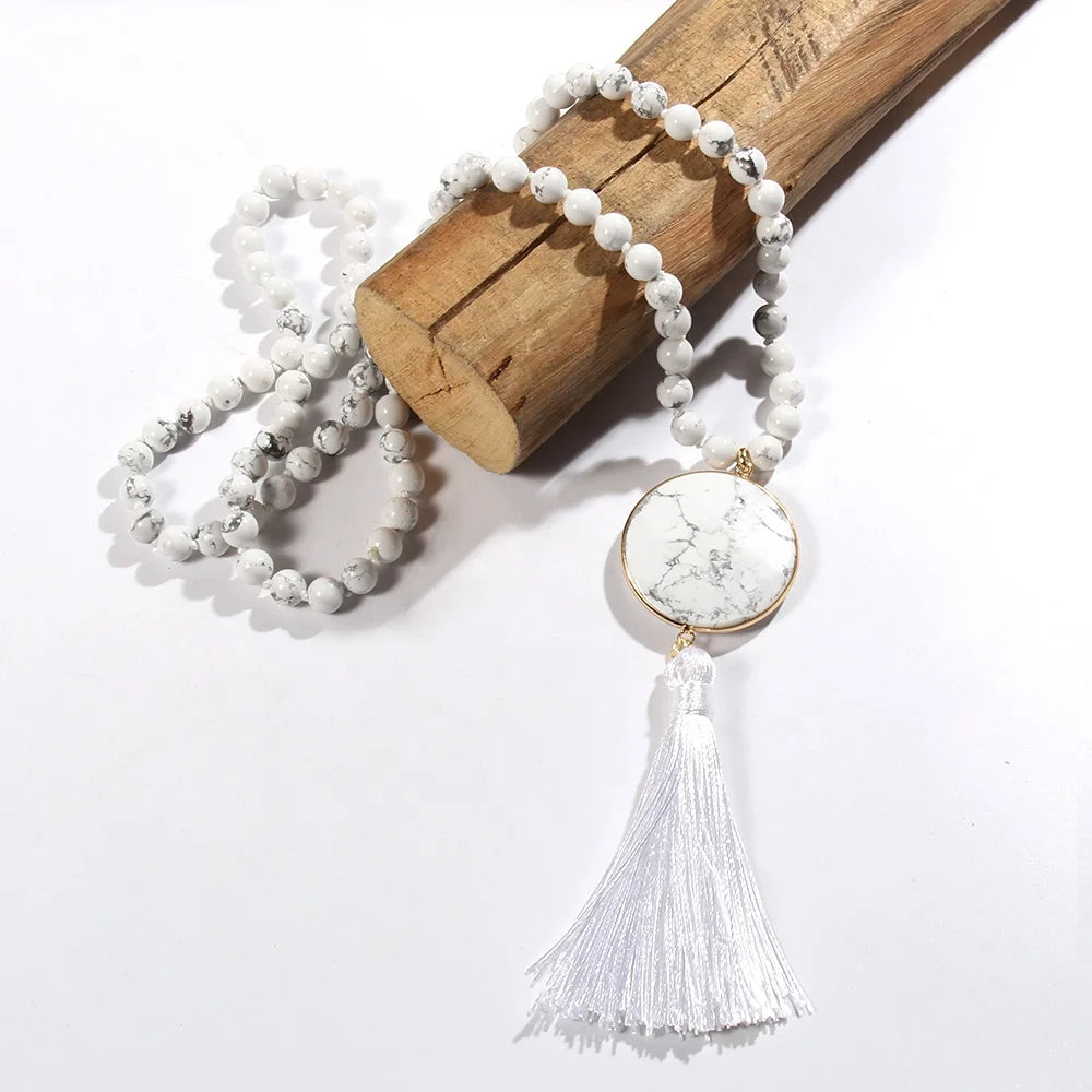 Fashion Women Ethnic Bohemian Jewelry Natural Gemstone Amazonite Long Knotted Disco Tassel Necklace
