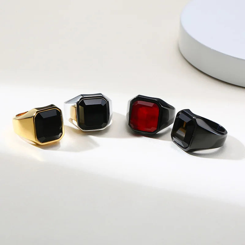 New Punk Statement Design High Polished Stainless Steel Black Agate Chunky Wide Ring for Men Fashion Jewelry RC-207