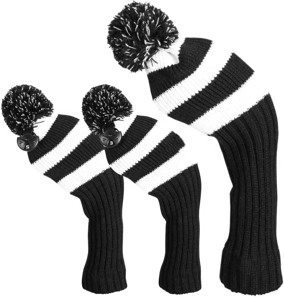 Long Neck Golf Club Headcover Set with Number Tags Black White Stripe Scorecard & Holder