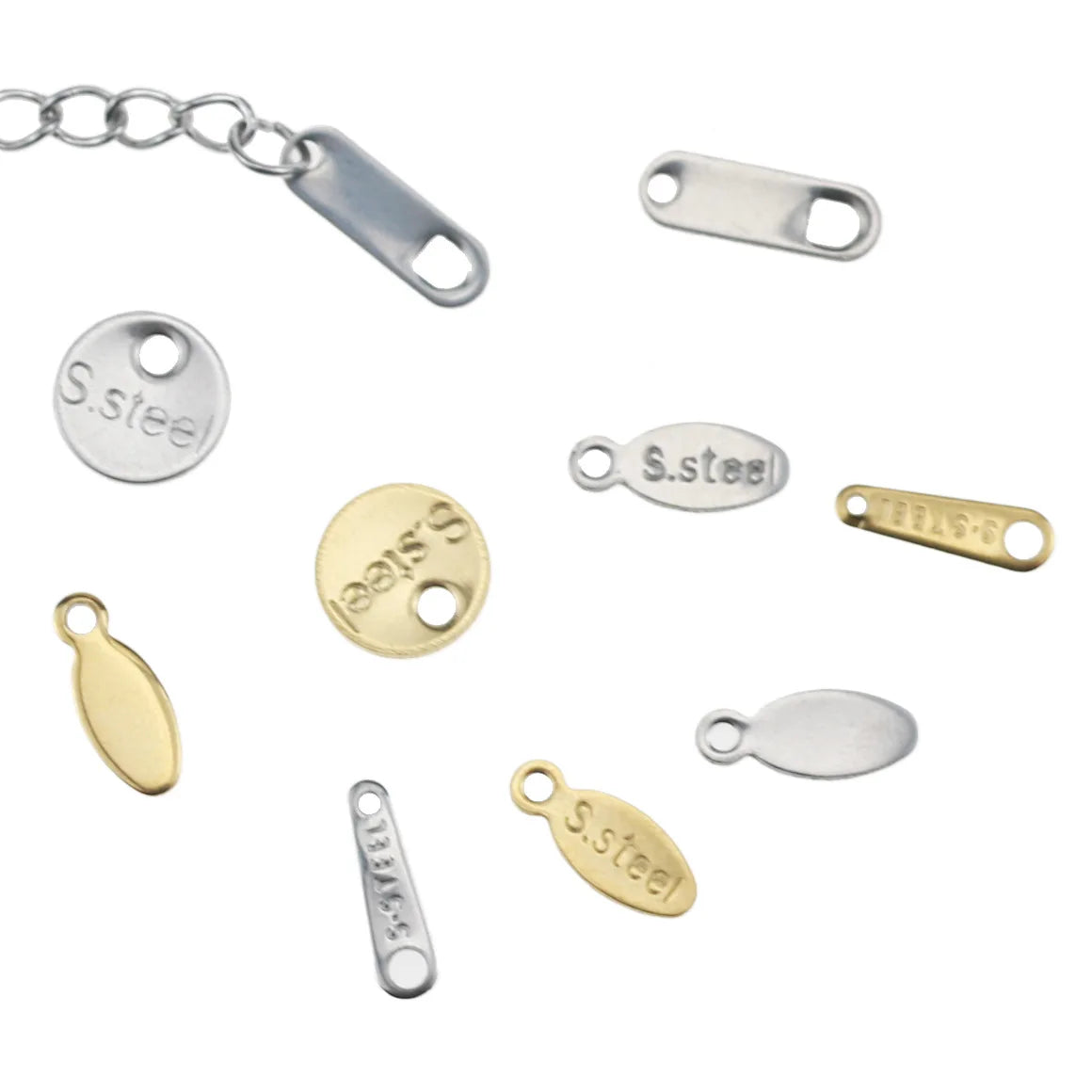 Stainless Steel DIY Accessories with 18K Gold Plating 18K Gold Tail Chain Tag Charms in Round/Oval/Drop Shapes