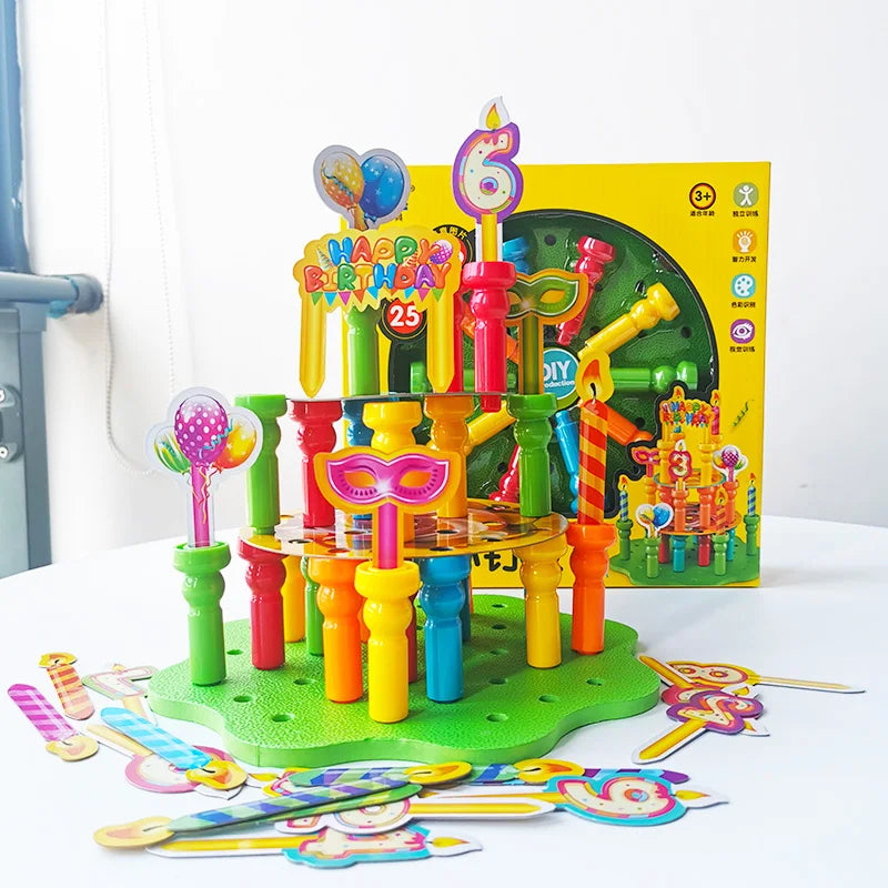 3D Cake Peg BoardSTEM Shapes Puzzle Learning Games with 25 Pegs 26 Pictures Montessori Manipulative Stacking Educational Toys