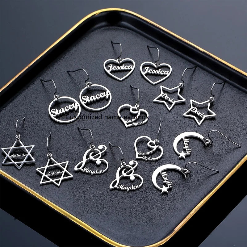 NEWNORTH Custom Name Earrings Stainless Steel Jewelry Waterproof Personalized Moon Love Star Name Pendant Earrings for Woman