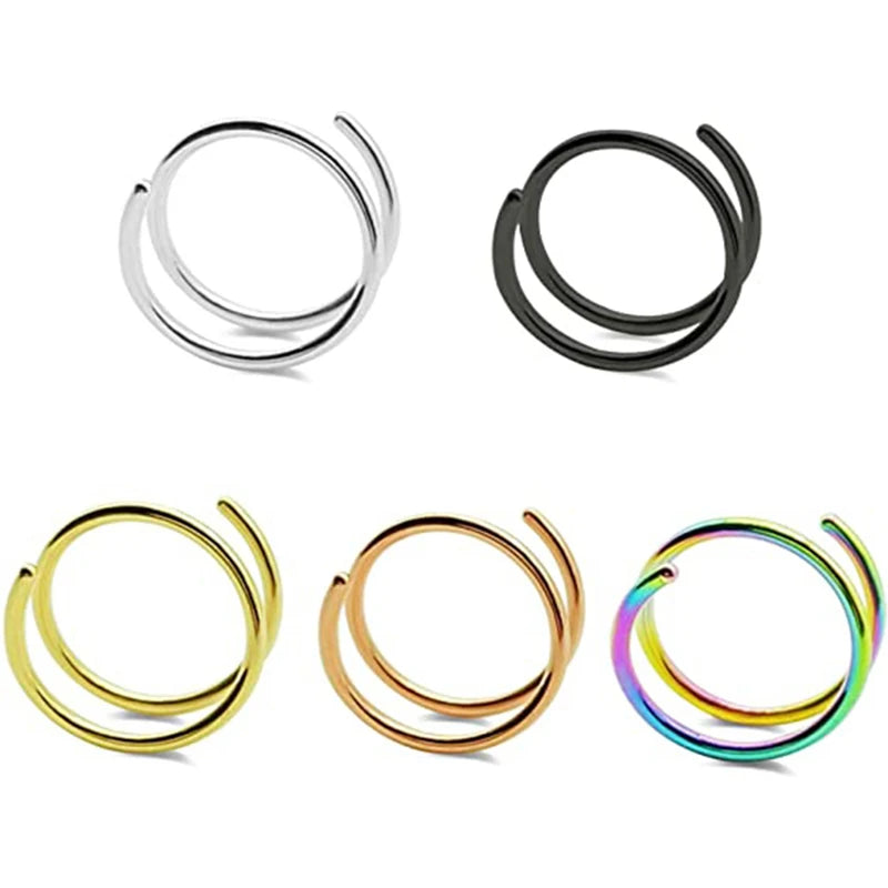 Double Nose Rings Hoops Set Adjustable20G 8mm 316l Surgical Steel Spiral Nose Ring for Single Piercing Gold-Rose Gold-Black-Sliv