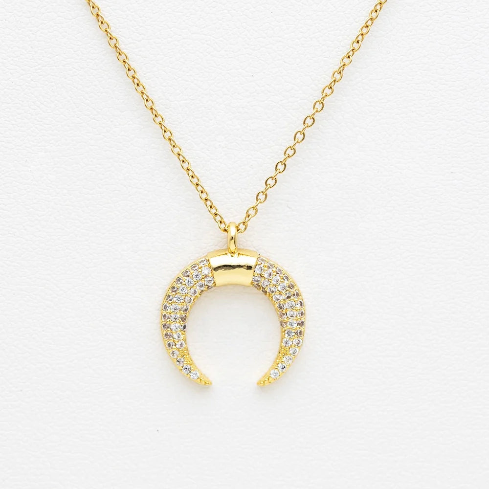 Moon Shaped Necklace Moon Pendant Brass Necklace Crystal Moon Pendant Stainless Steel Woman Necklace