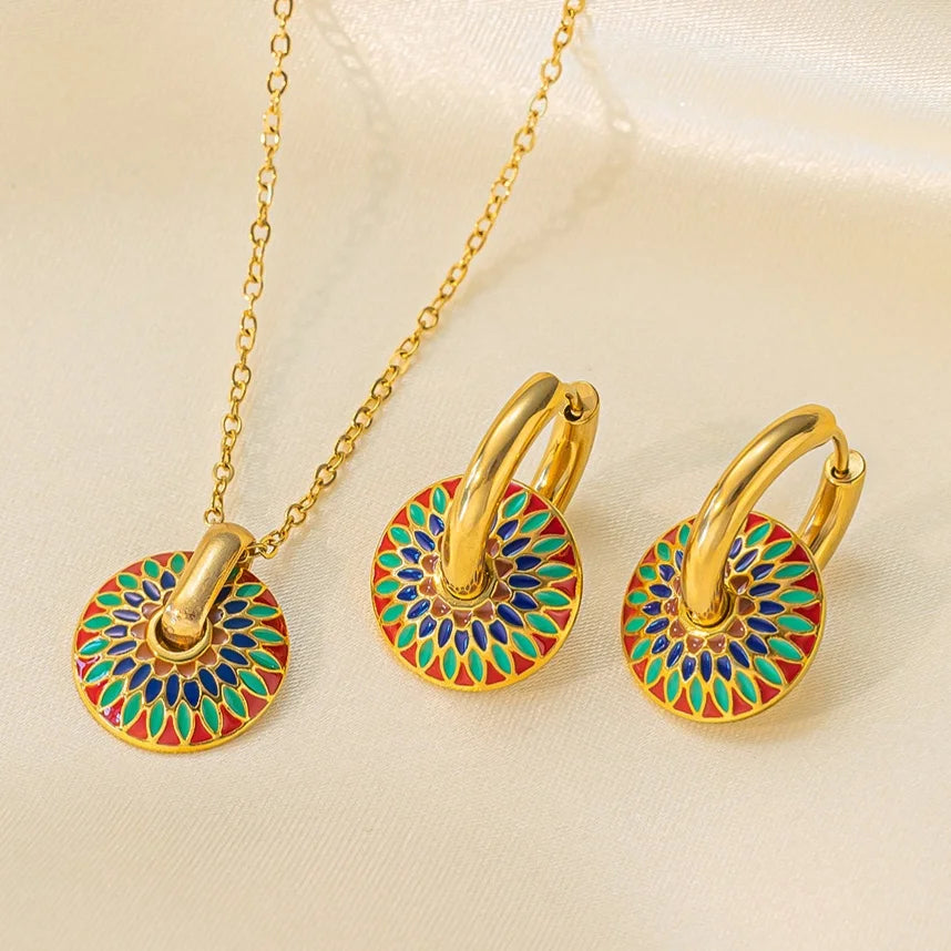 Fashion Colored Daisy Pattern Earrings Retro Trend Non Tarnish Stainless Steel Flower Earrings Necklace Set Jewelry Party Gift