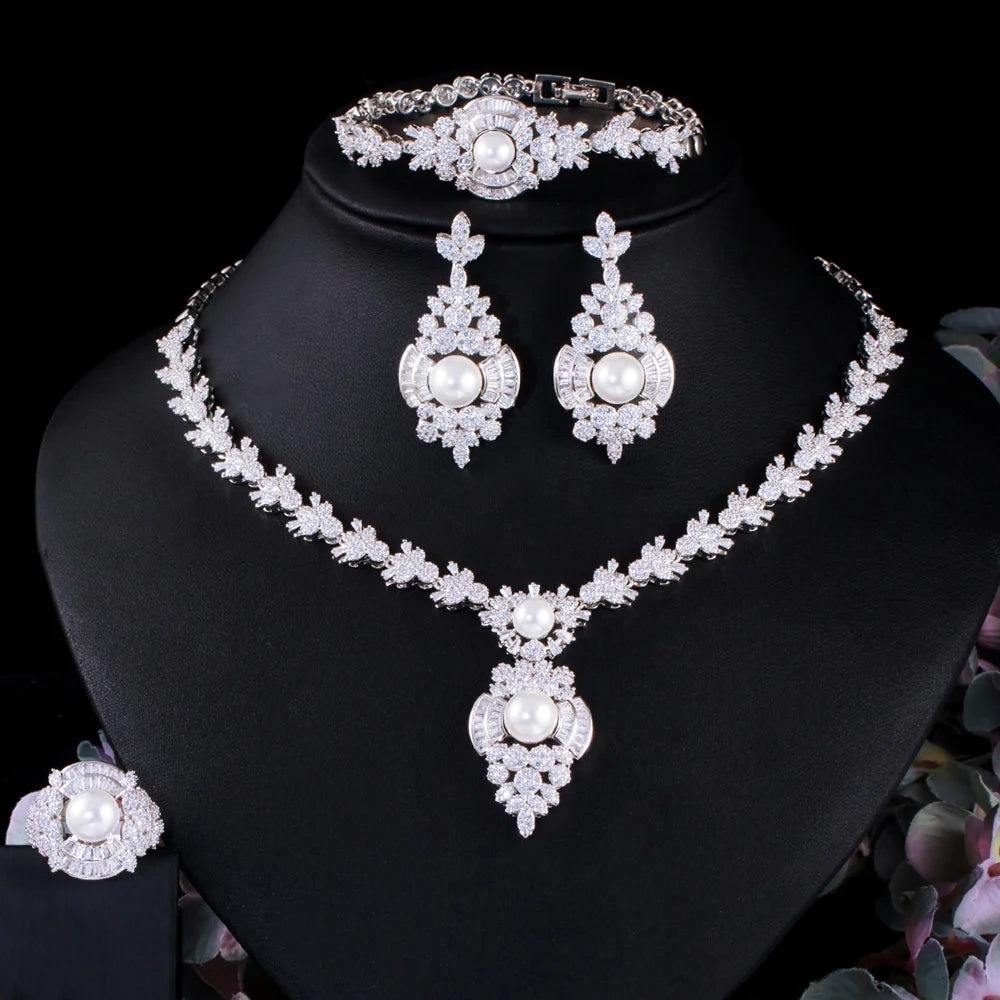 Brass Silver Plated Cubic Zircon Stone Necklace Accessories Wedding Bridal Dress Handmade Pearl Big Jewelry Set for Ladies