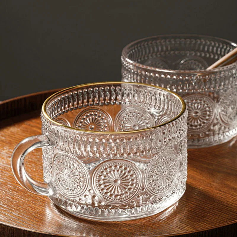 High Quality Nordic Ins Style Sunflowers Embossed Coffee Cups Transparent Drink Glass Milk Cup With Golden Rim for Wedding Decor