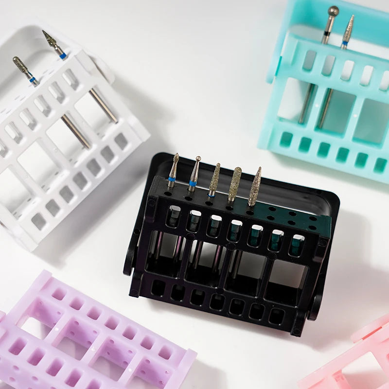 Professional Plastic 16-Hole Nail Drill Bit Storage Case Box with Display Stand in Purple Pink Blue MegaBDM