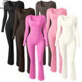 Wholesale Women Seamless Square Neck Long Sleeve Flared Pants Solid Color Ribbed Bodycon Gym Jumpsuit