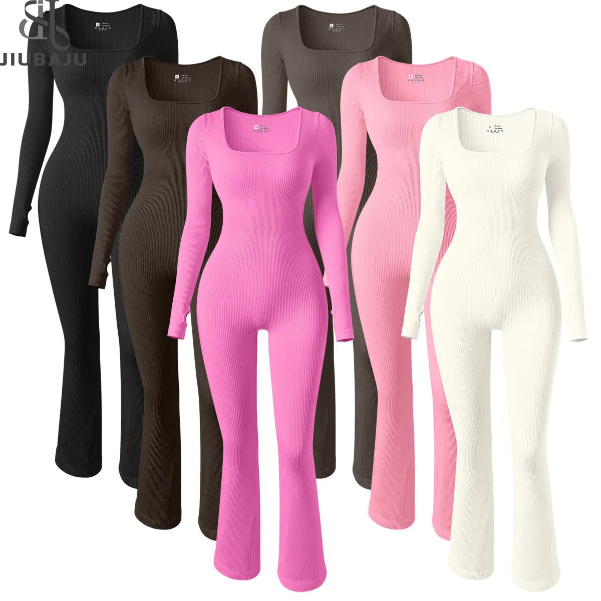 Wholesale Women Seamless Square Neck Long Sleeve Flared Pants Solid Color Ribbed Bodycon Gym Jumpsuit