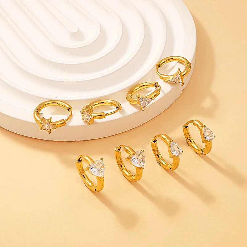 Fashion Fine Stainless Steel Anti Tarnish Jewelry Wholesale Bulk PVD 18K Gold Plated Star Diamond Zircon Hoop Cute Earings Set