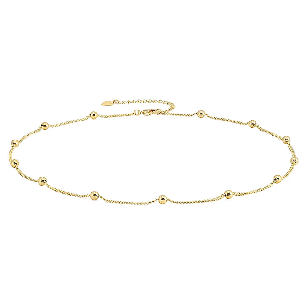 Women's Gold Beaded Brass Statement Necklace Thin Bead Designs Rose Gold Chains for Wedding or Gift Jewelry