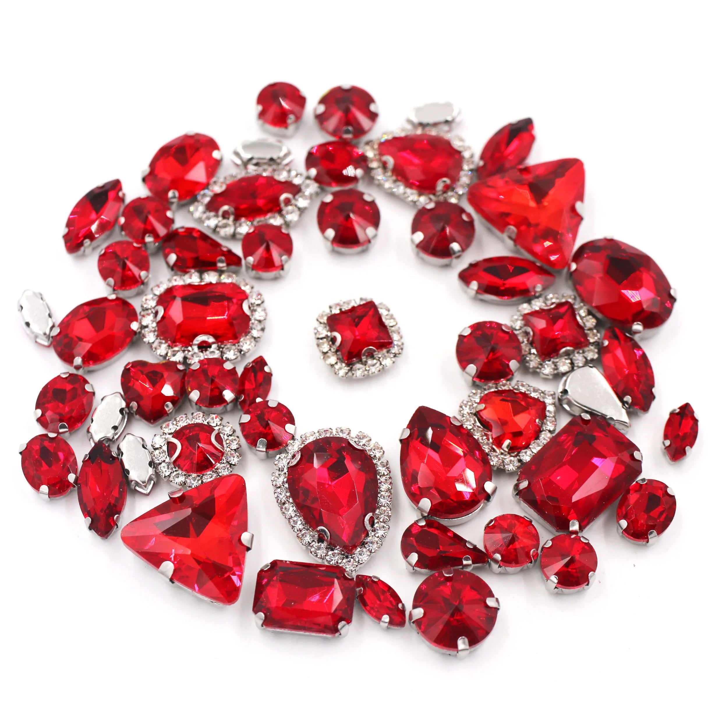 HFOUR New Arrival Red 3D Drill Crystal Buckle Mixed Shape Flatback Loose Glass Rhinestones 9-Facet Silver Cup Chain Claw Sew-On