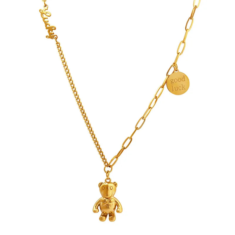 Cute Lucky Bear Casting 18K Gold Plated 316L Stainless Steel Cross Chain Pendant Waterproof Engagement Wedding Party Trendy