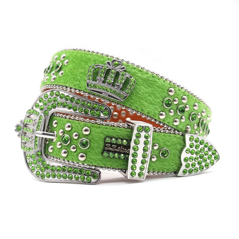 Green Plush Belt With High-quality Inlaid Crown Rhinestone Belt Designer Belt for Men's Fashionable and Personalized Accessories