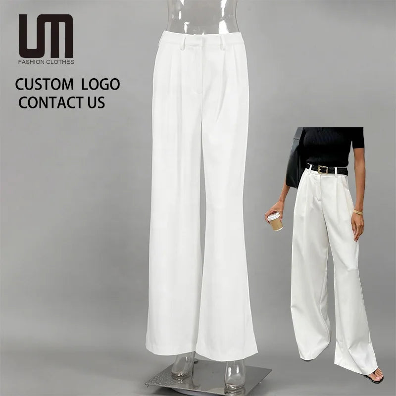 2025 New Women White High Waist Wide Leg Pants - Office Lady Loose Trousers Summer Casual Work Pants (OEM/ODM)