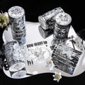 2M/Roll PET Tape Black and White Garden Series Black and White Plant Collage Handbook Loop Stickers