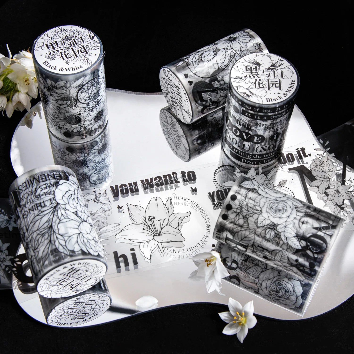 2M/Roll PET Tape Black and White Garden Series Black and White Plant Collage Handbook Loop Stickers