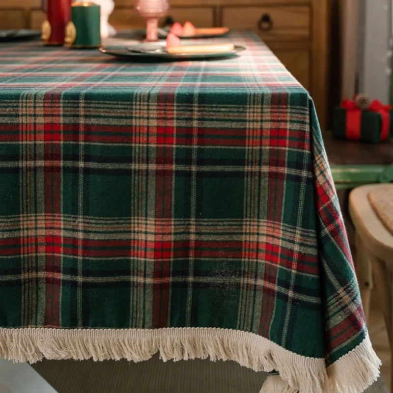 Classic Christmas Tablecloth Woven Polyester Cotton with Four Corners Decorative White Balls Soft Printed Nonwoven Technique