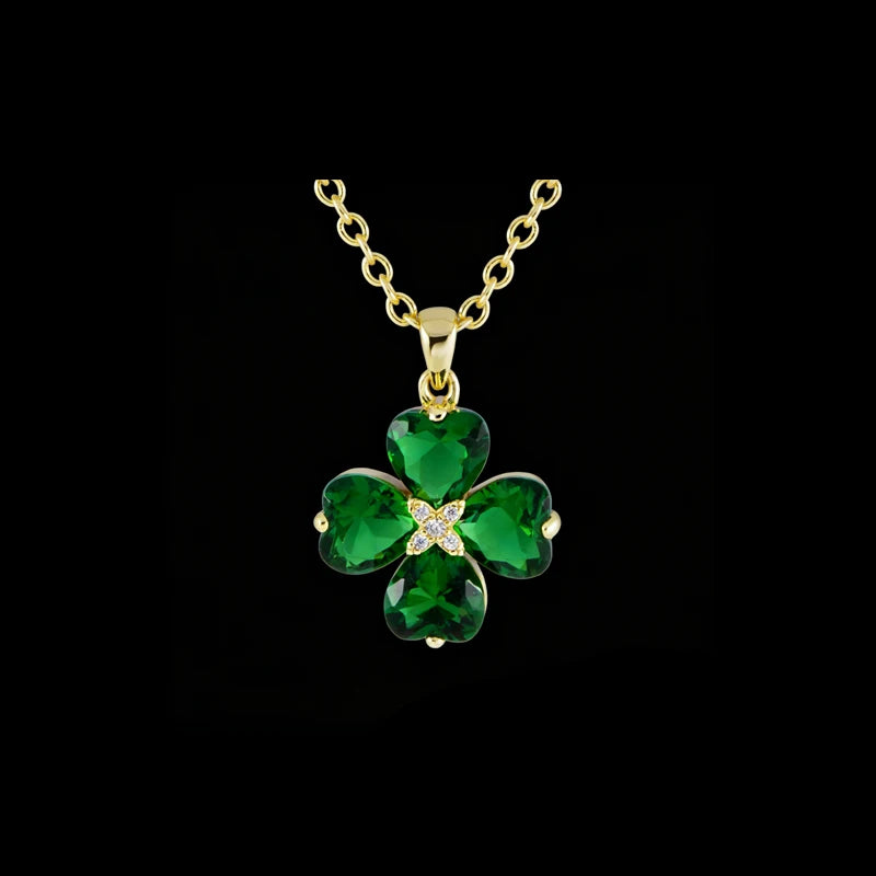 Fashion 18K Gold Plated Four Leaf Clover Pendant with Green Stones for Daily Wear