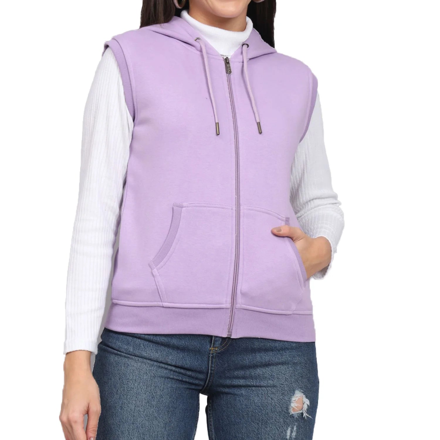 Women's Hooded Hoodie Zip-Up French Terry Jacket With Pockets Solid Color Hoodie With Drawstring Hooded Sleeveless Vest
