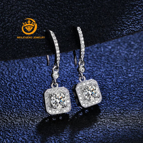 S925 Sterling Silver Square Shape Cluster Moissanite Earrings Dangle Earrings Wholesale Prices Gra Certificate