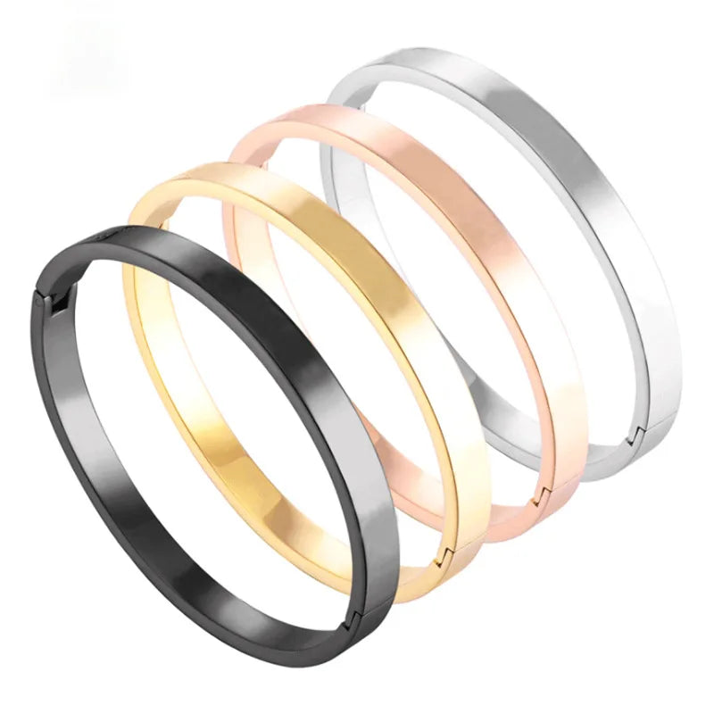 Custom Engraved Logo Stainless Steel 18K Gold Classic Bangle Bracelet 6mm Open Clasp Non-Tarnish Fashion Cuff Bracelets