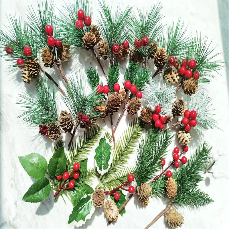 S15 Festive Christmas Accessories Simulation Pine Ruit Branches Pine Needle Berries Red Fruit Branches for Holiday Decorations